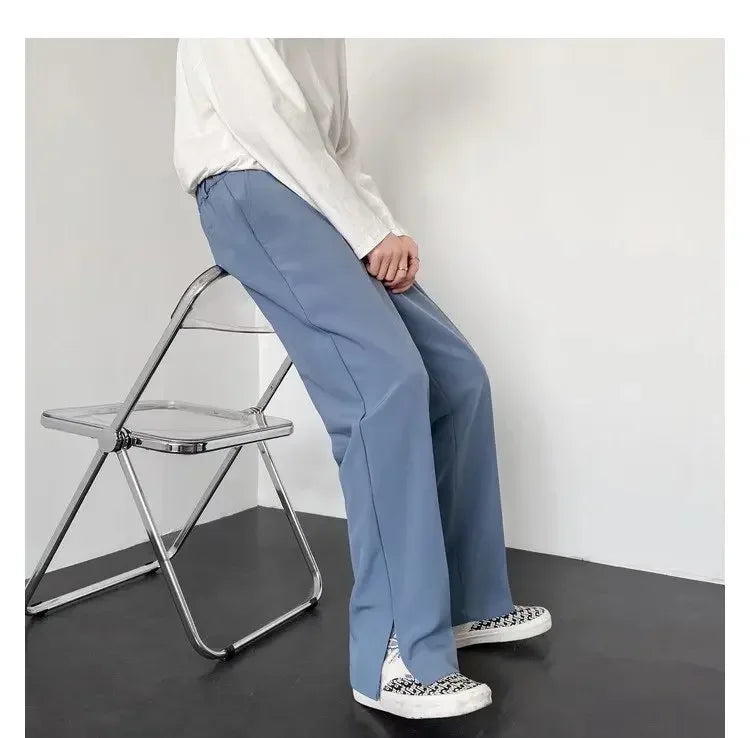 Men's Straight Baggy Casual Pants Korean Slit Personality Suit Trousers Fashion Formal Business Male Streetwear Gray Khaki Black