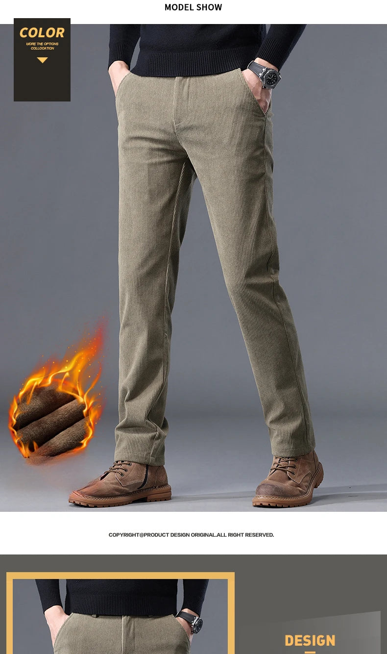 Khaki Black Gray Fleece Men's Corduroy Casual Pants Chenille Thick Stretch Business Trousers Mid-rise Brand Winter Thermal Pants