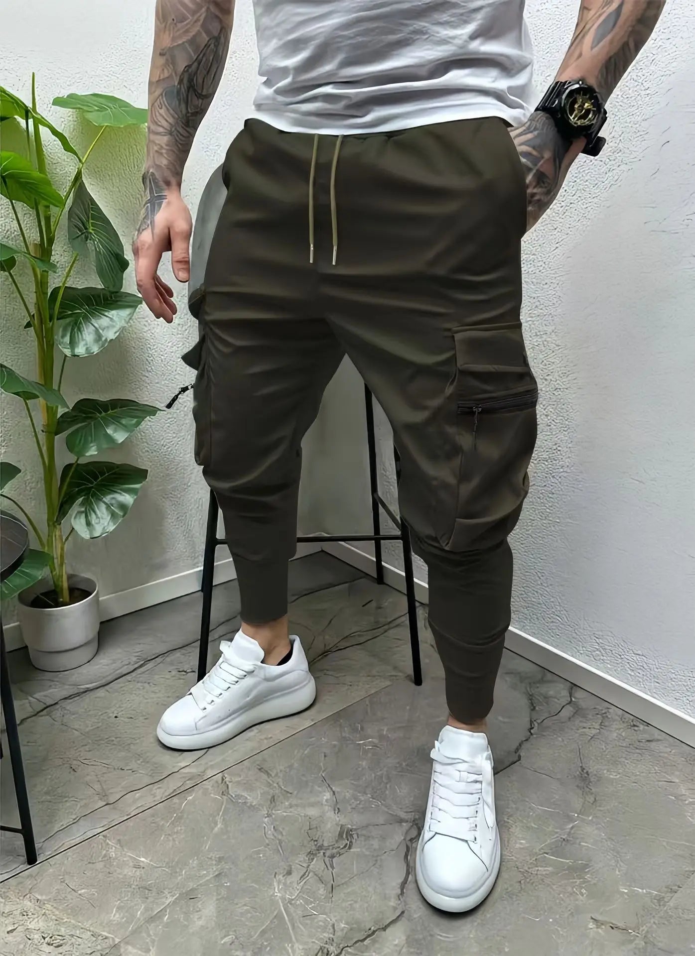 2024 Men's spring and autumn drawstring casual multi-pocket leg slim-fit street overalls outdoor trend pants and fitness pants