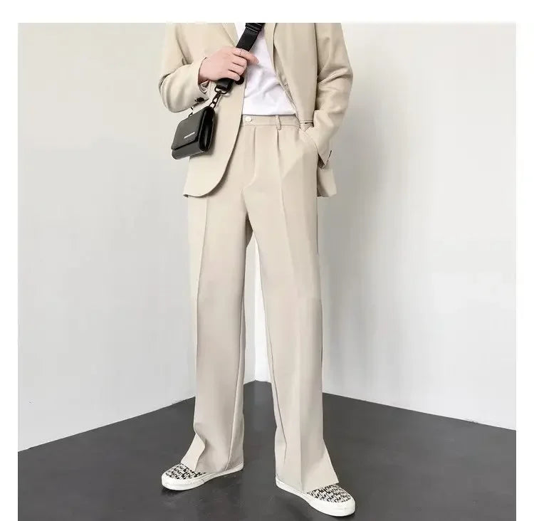 Men's Straight Baggy Casual Pants Korean Slit Personality Suit Trousers Fashion Formal Business Male Streetwear Gray Khaki Black