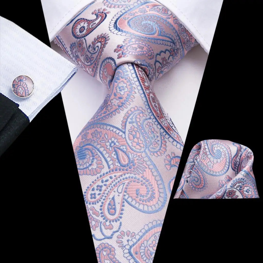 Hi-Tie Red Pureple Paisley Mens Ties Hanky Cufflinks Set Silk Necktie For Men Wedding Party Business 2022 New Fashion Brand