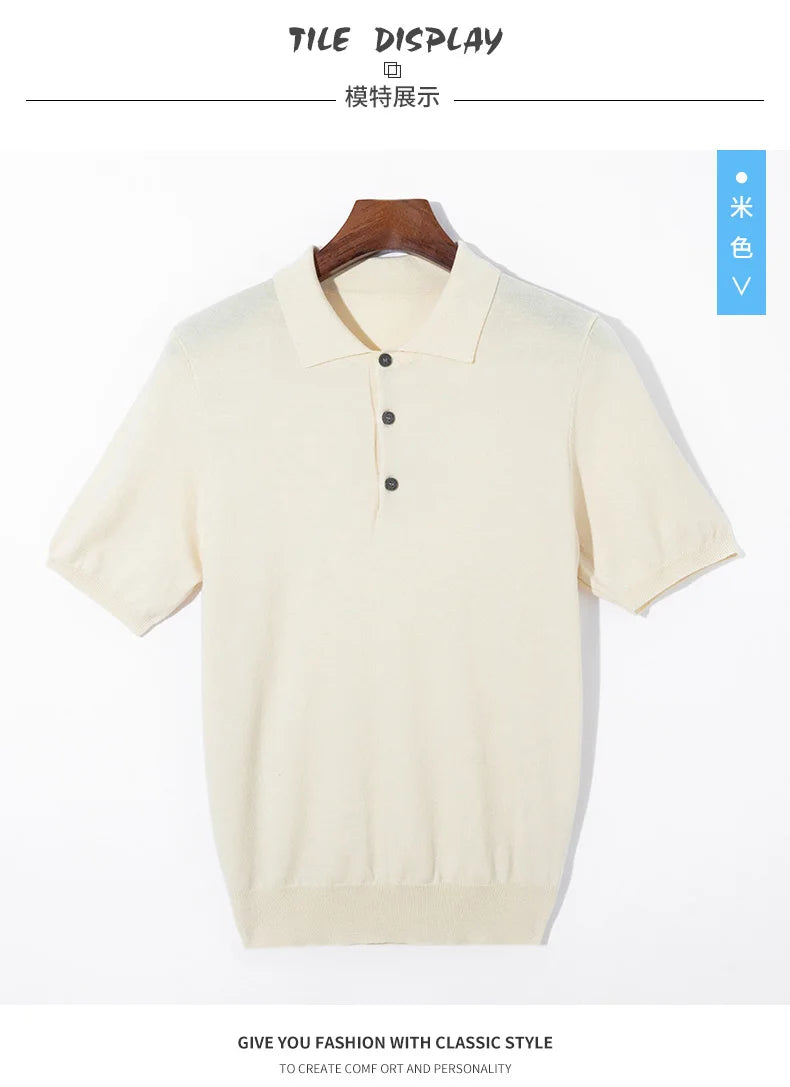 Summer Classic Men Knitwear Silk Wool Blend Sweater Pullover Polo Neck T-Shirt Short Sleeved Cool High-Quality Clothing Tops