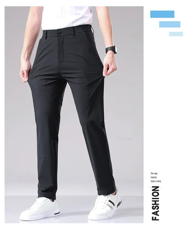 Ultra-thin Elastic Men's Casual Trousers Summer Quick-drying Ice Silk Slim Straight Business Solid Color Trousers Black Gray