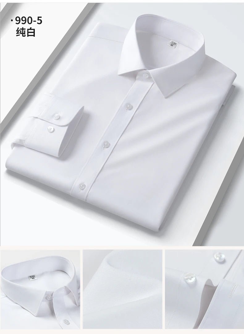 Quality Elasticity Anti-Wrinkle Men Shirt Long Sleeves Dress Shirts For Men Slim Fit Camisa Social Business Blouse White Shirt