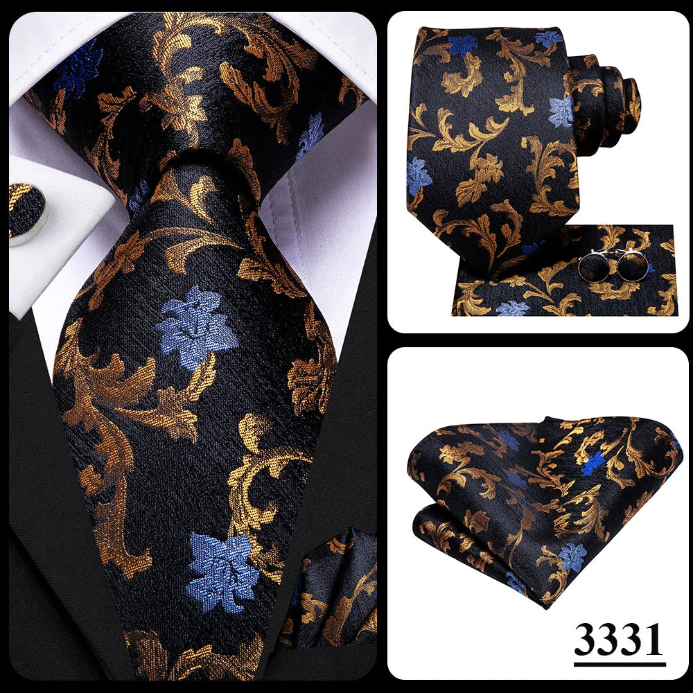 Hi-Tie 100% Silk Luxury Mens Ties Floral Black Gold Ties Paisley NeckTie Pocket Square Cufflinks Set Men's Wedding Party Tie