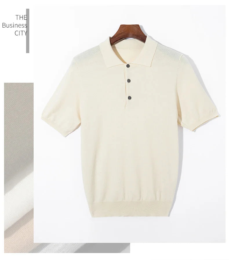 Summer Classic Men Knitwear Silk Wool Blend Sweater Pullover Polo Neck T-Shirt Short Sleeved Cool High-Quality Clothing Tops