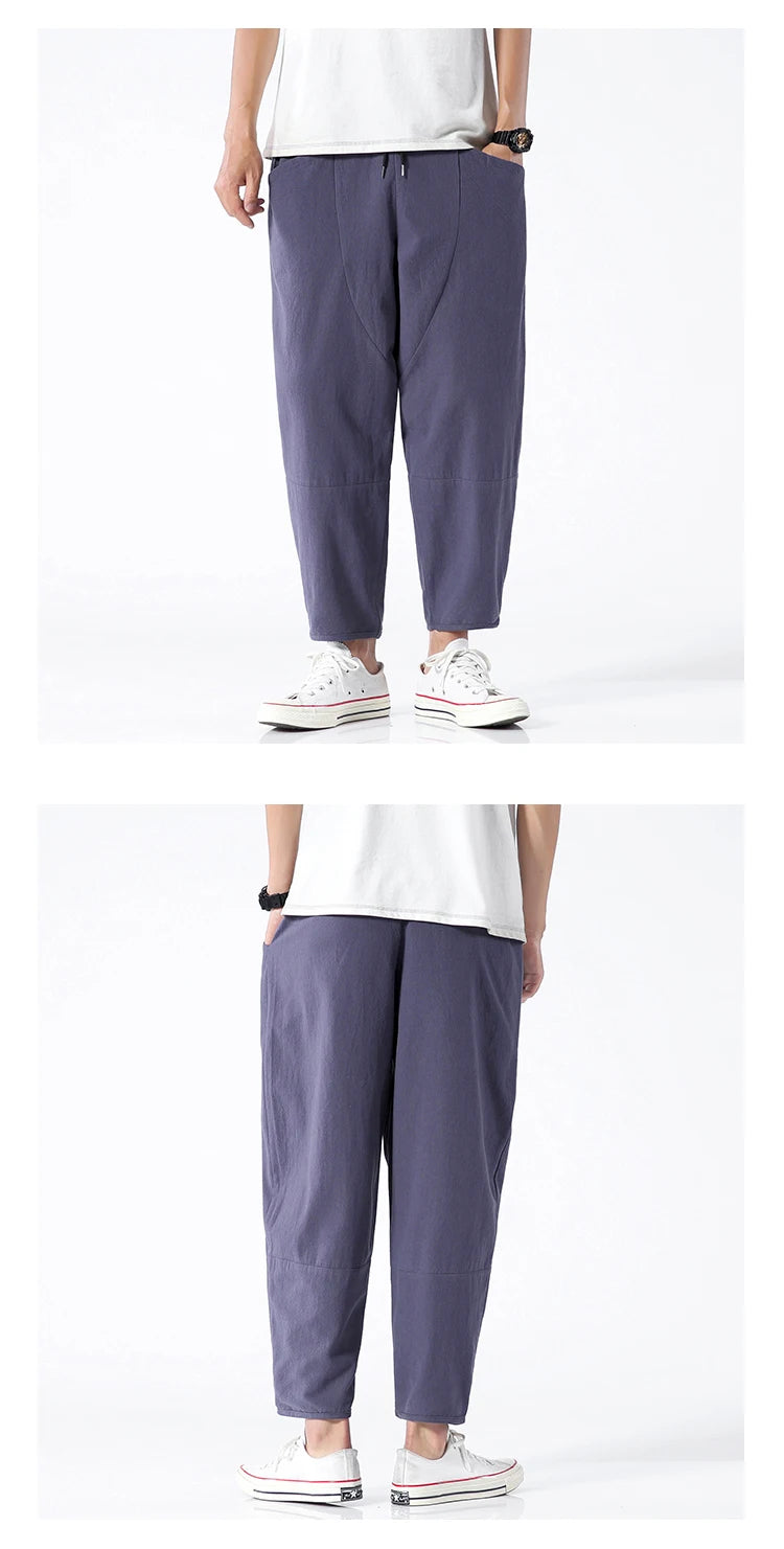 100% Cotton Summer Casual Pants Man Trendy Japanese Cropped Pants Loose Pants Men 5xl