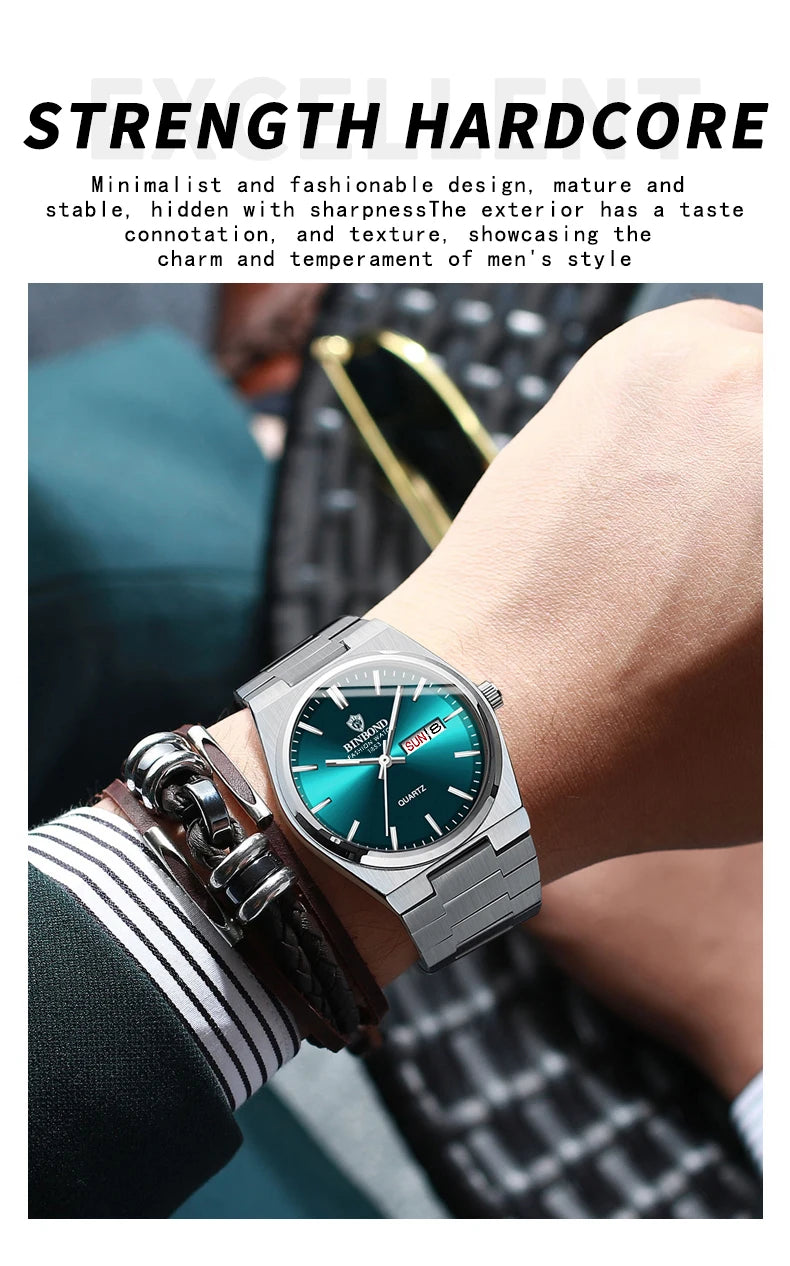 BINBOND Luxury Quartz Man Wristwatch Sport Men Watches Waterproof Luminous Date Week Stainless Steel Men's Watch Male Reloj+box