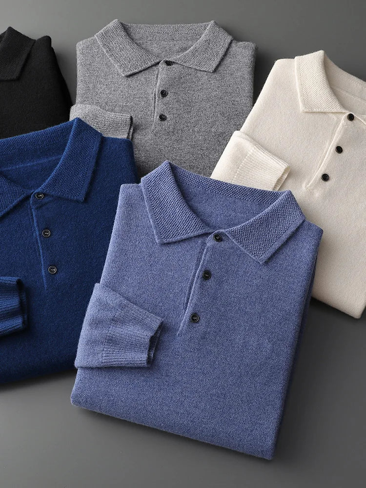 Men's Lapel Knit Pullover 100% Pure Wool Sweater Large Size Spring Autumn Winter Warm Tops Youth Casual Polo Collar T-shirt