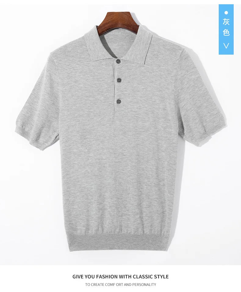 Summer Classic Men Knitwear Silk Wool Blend Sweater Pullover Polo Neck T-Shirt Short Sleeved Cool High-Quality Clothing Tops
