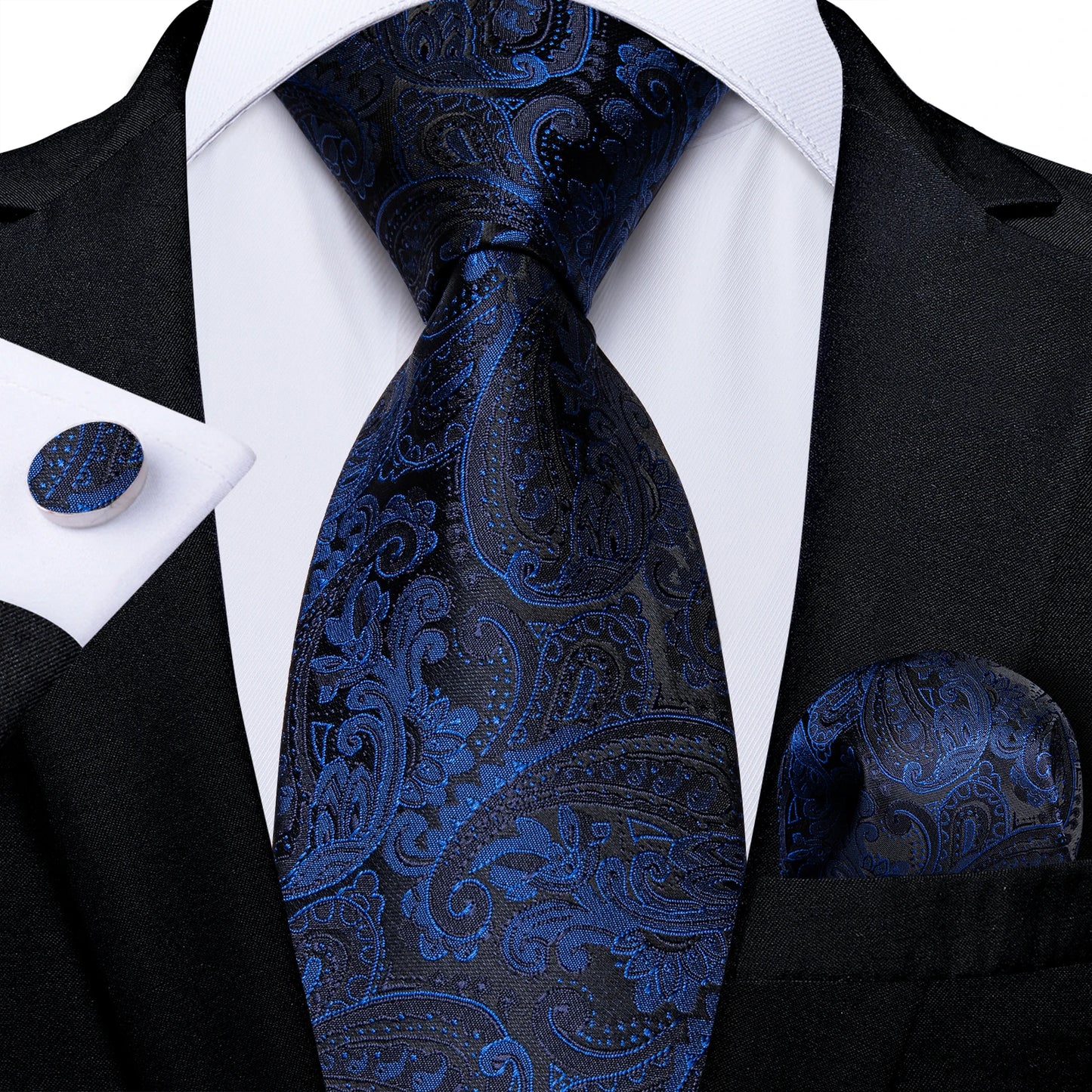 DiBanGu Top Navy Blue Solid Tie for Men 100% Silk Men's Tie Hanky Cufflinks Neck Tie Suit Business Wedding Party Tie Set MJ-7140