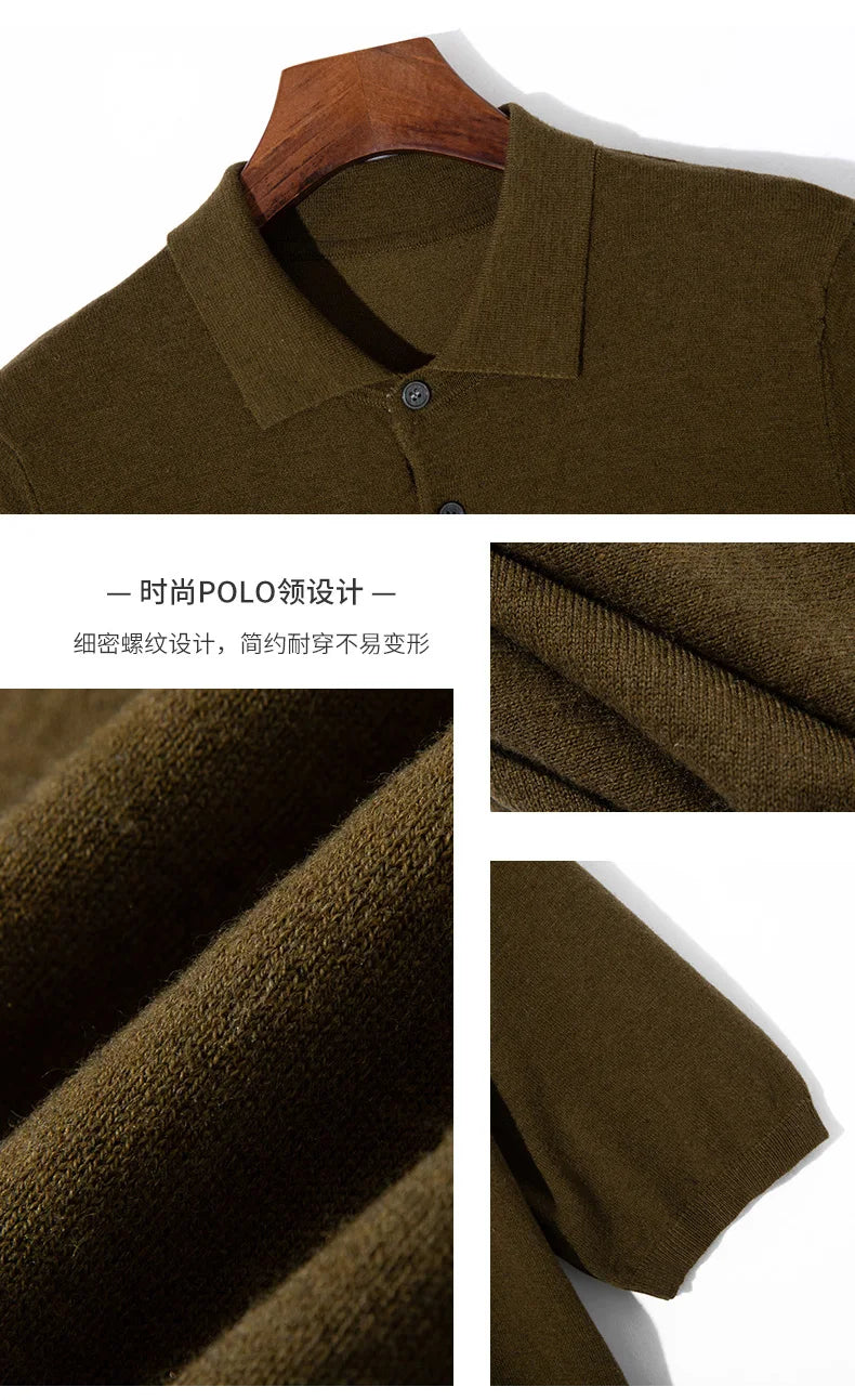 Summer Classic Men Knitwear Silk Wool Blend Sweater Pullover Polo Neck T-Shirt Short Sleeved Cool High-Quality Clothing Tops