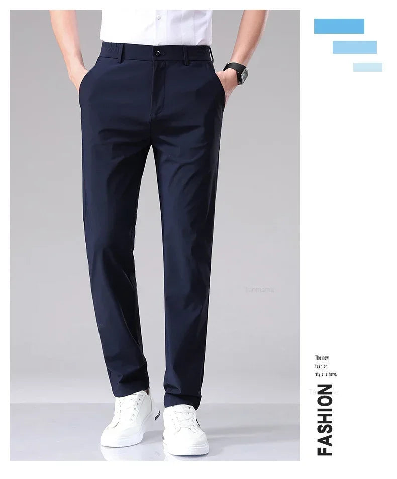 Ultra-thin Elastic Men's Casual Trousers Summer Quick-drying Ice Silk Slim Straight Business Solid Color Trousers Black Gray