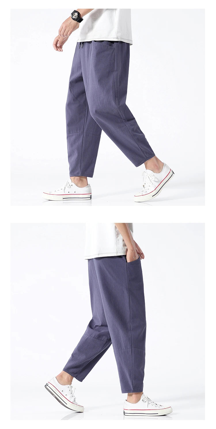 100% Cotton Summer Casual Pants Man Trendy Japanese Cropped Pants Loose Pants Men 5xl