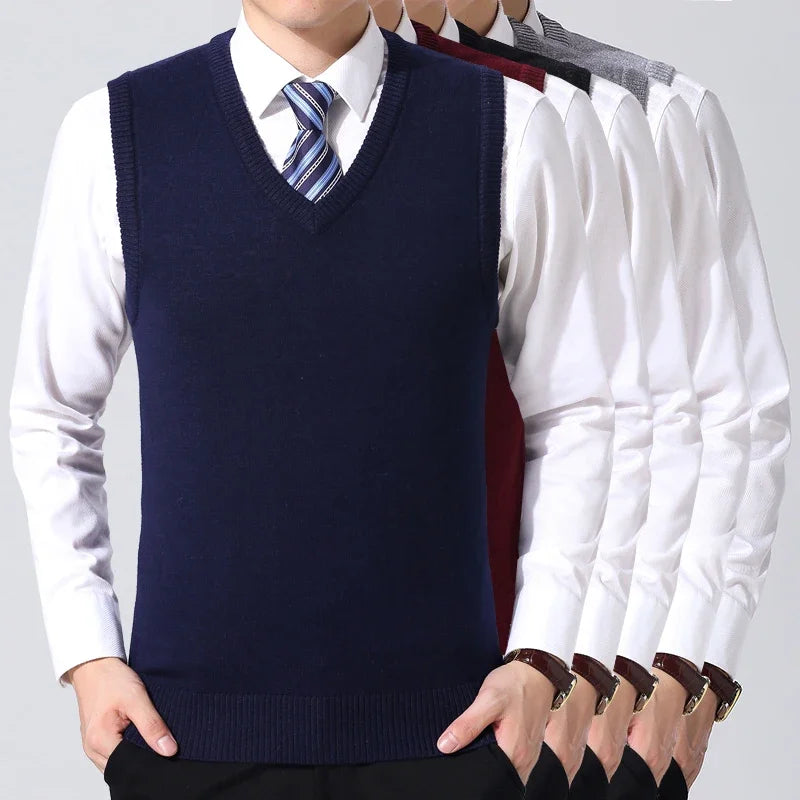2024 Autumn Winter New Men's Solid Color V-neck Knitted Vest Casual Fashion Warm Sweater Versatile Top