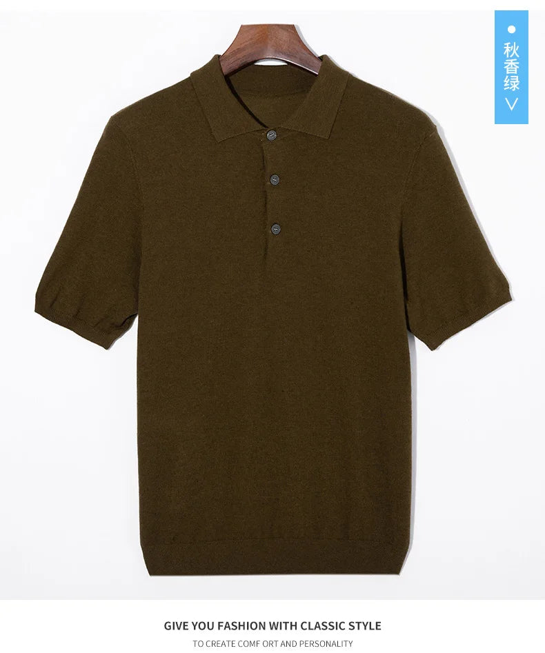 Summer Classic Men Knitwear Silk Wool Blend Sweater Pullover Polo Neck T-Shirt Short Sleeved Cool High-Quality Clothing Tops