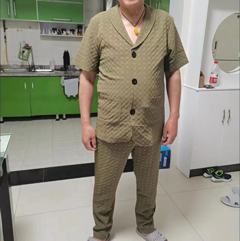 2023 Fashion Men's Two Piece Sets Spring Summer Casual Short Sleeve Shirts Pants Suit Solid Geometry Pattern Printed Outfit Men