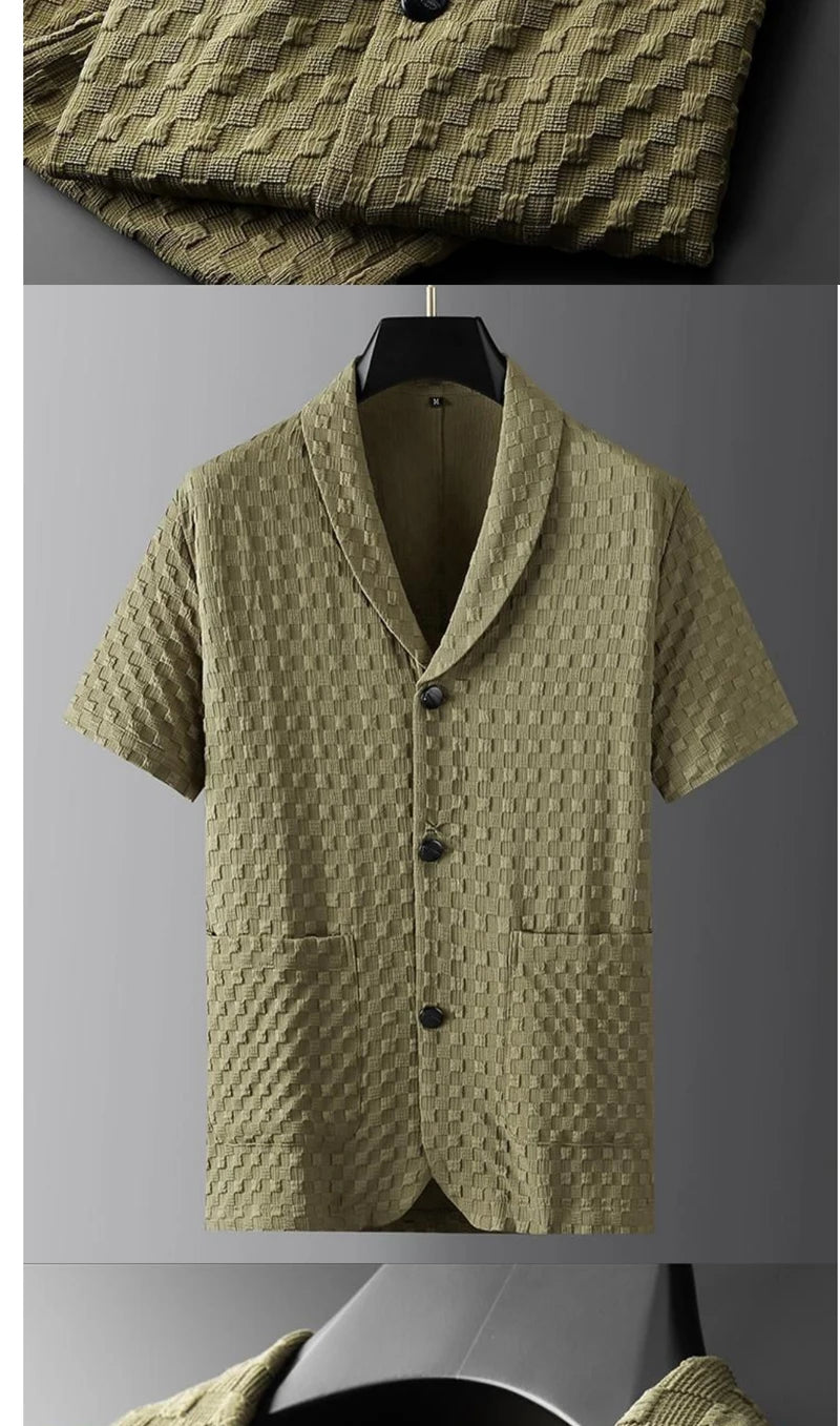 2023 Fashion Men's Two Piece Sets Spring Summer Casual Short Sleeve Shirts Pants Suit Solid Geometry Pattern Printed Outfit Men