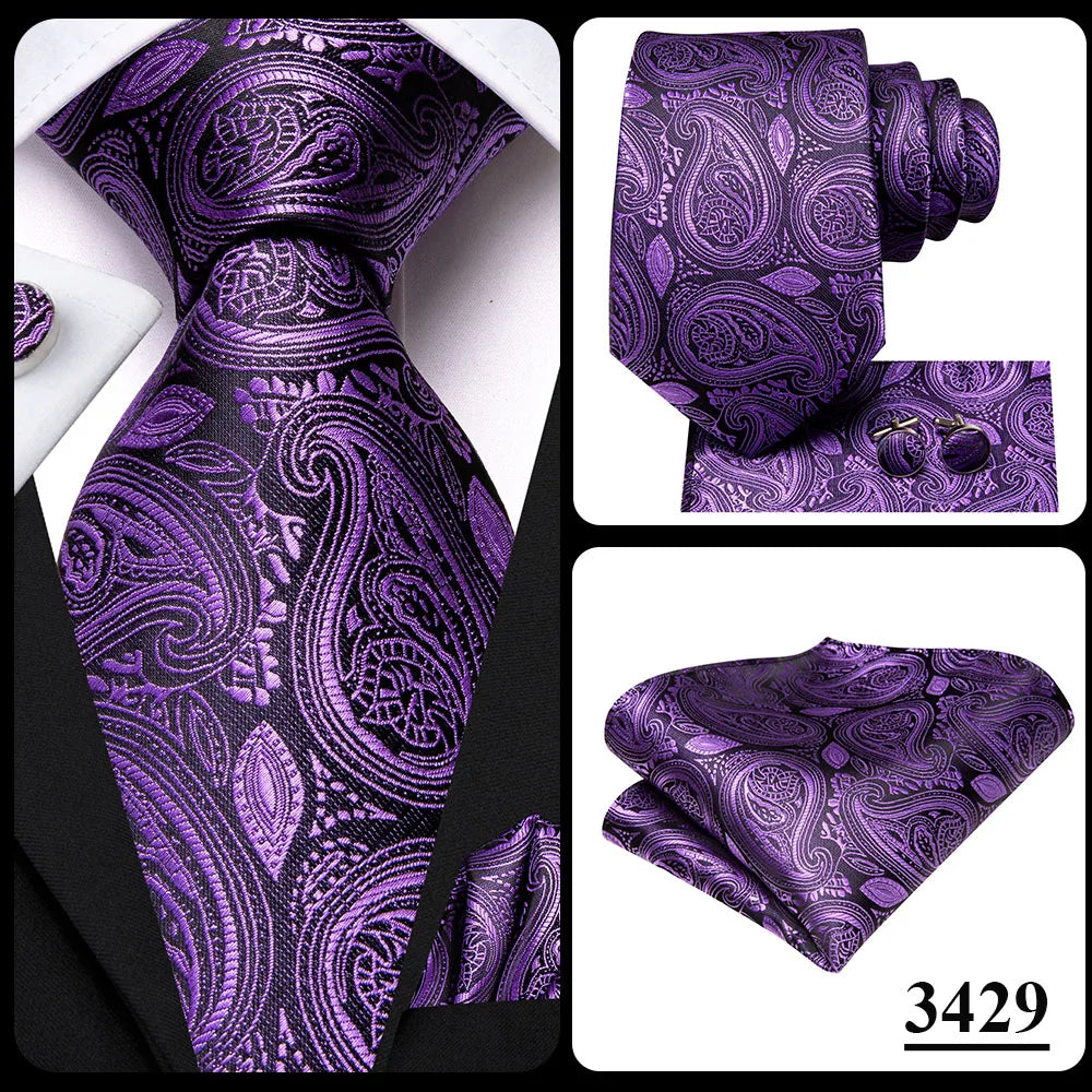 Hi-Tie Red Pureple Paisley Mens Ties Hanky Cufflinks Set Silk Necktie For Men Wedding Party Business 2022 New Fashion Brand