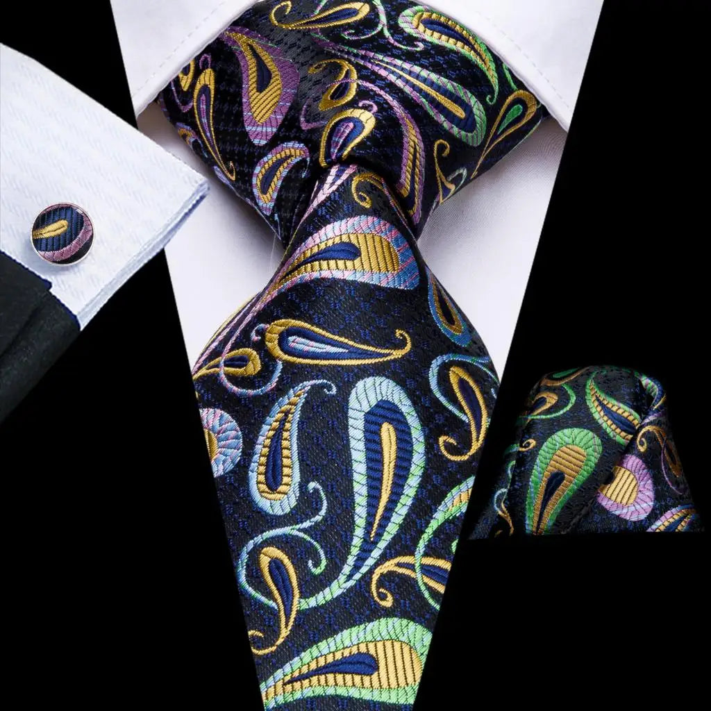 Hi-Tie Red Pureple Paisley Mens Ties Hanky Cufflinks Set Silk Necktie For Men Wedding Party Business 2022 New Fashion Brand