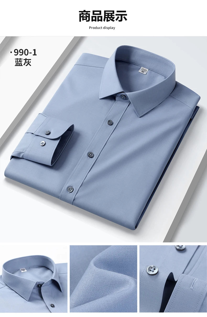 Quality Elasticity Anti-Wrinkle Men Shirt Long Sleeves Dress Shirts For Men Slim Fit Camisa Social Business Blouse White Shirt