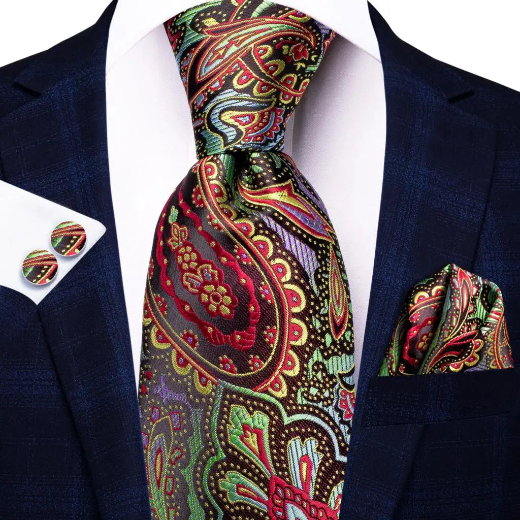 Hi-Tie Red Pureple Paisley Mens Ties Hanky Cufflinks Set Silk Necktie For Men Wedding Party Business 2022 New Fashion Brand