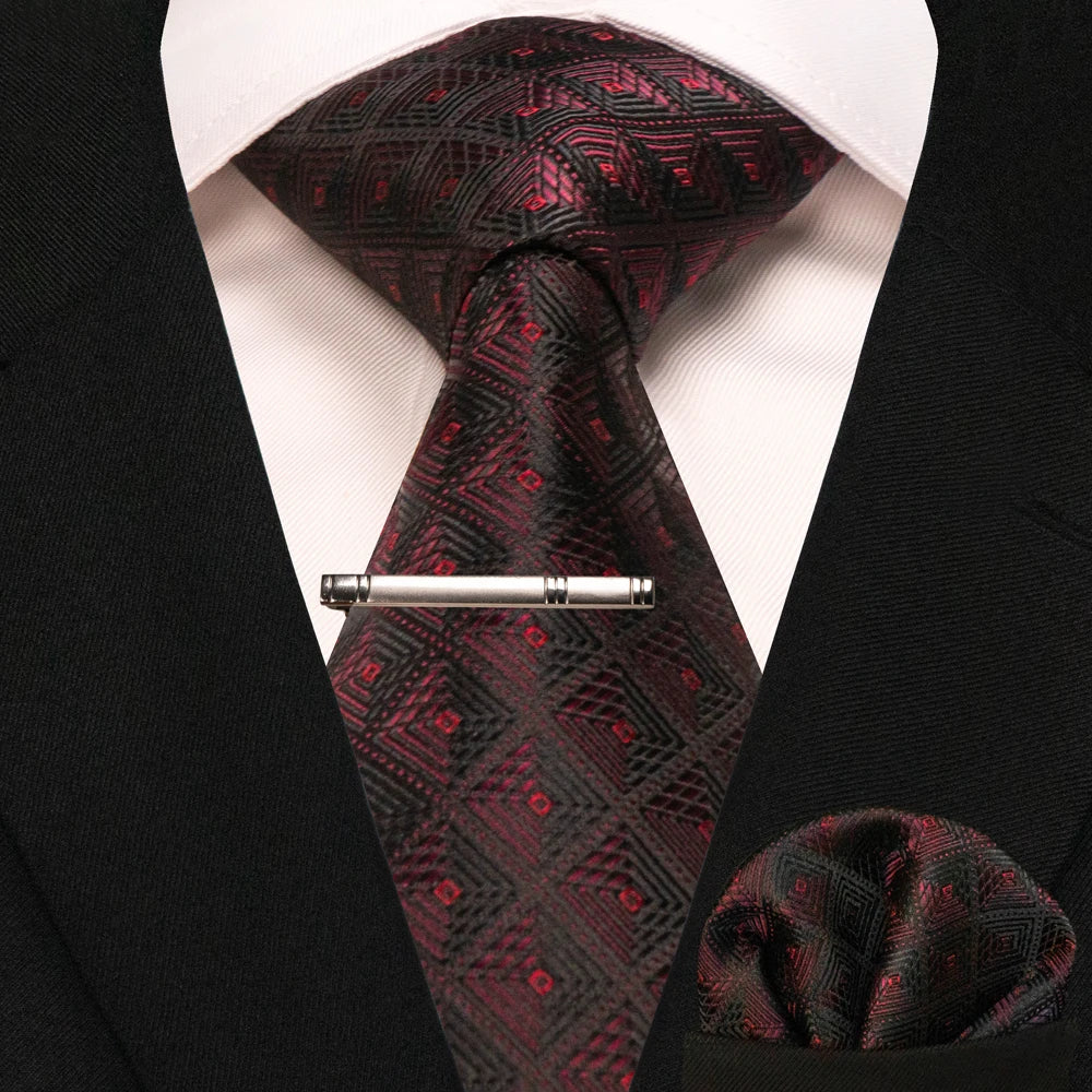 JEMYGINS New Fashion Black Plaid Men's Tie 8cm Silk Business Necktie Handkerchief Tie clips set Wedding Party Tie Gift For Men