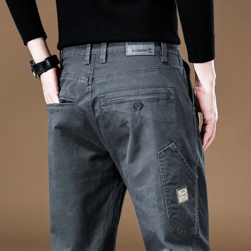 Spring Autumn New Men's 97% Cotton Jogging Cargo Long Pants Retro Solid Color Korean Style Straight Loose Casual Pants Male