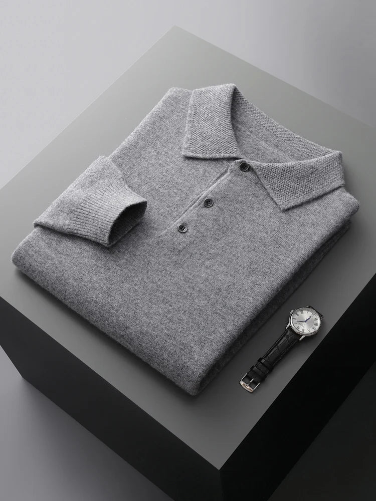 Men's Lapel Knit Pullover 100% Pure Wool Sweater Large Size Spring Autumn Winter Warm Tops Youth Casual Polo Collar T-shirt