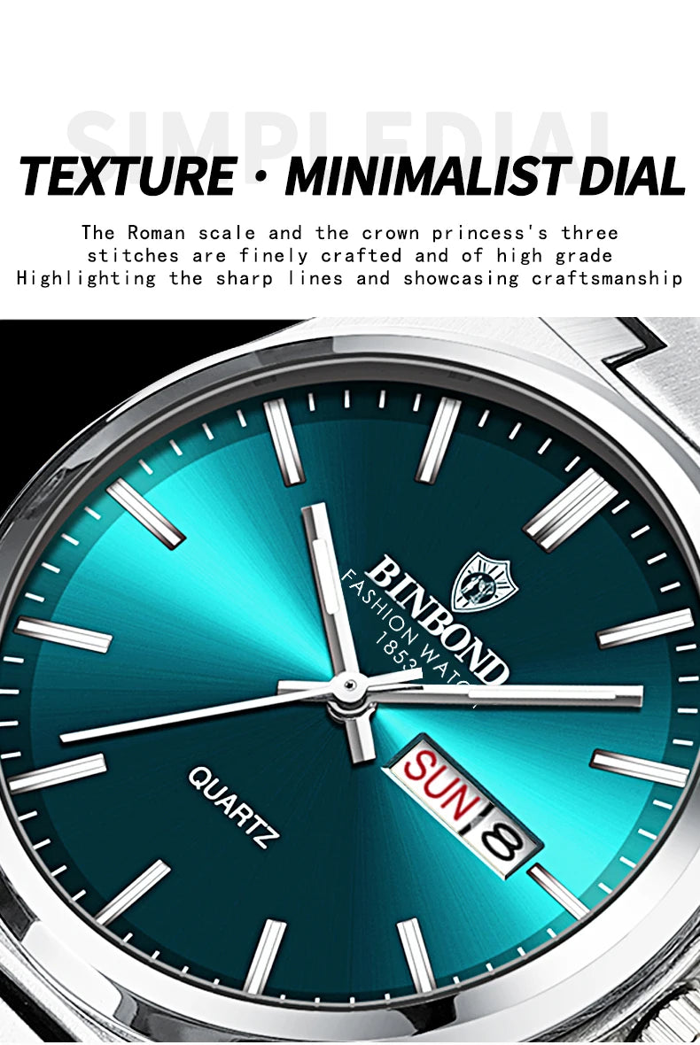 BINBOND Luxury Quartz Man Wristwatch Sport Men Watches Waterproof Luminous Date Week Stainless Steel Men's Watch Male Reloj+box