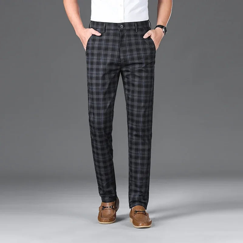 2024 Summer Classic Simple Straight Casual Pants for Men Personalized Checkered Versatile Stretch Business Casual Slim Trousers