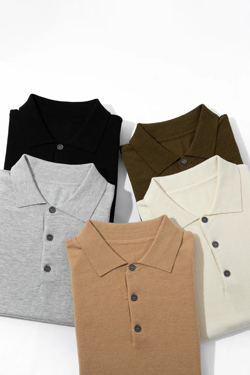 Summer Classic Men Knitwear Silk Wool Blend Sweater Pullover Polo Neck T-Shirt Short Sleeved Cool High-Quality Clothing Tops