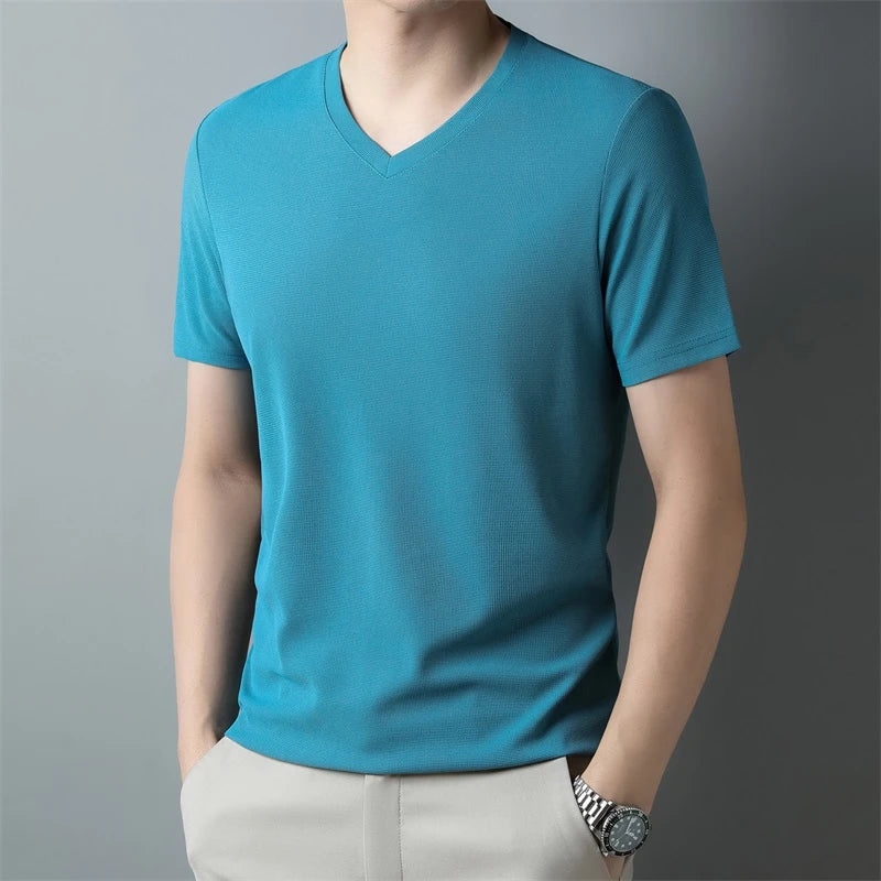 2024 Men's New Waffle V Neck Short Sleeved T-shirt Summer Comfortable Top