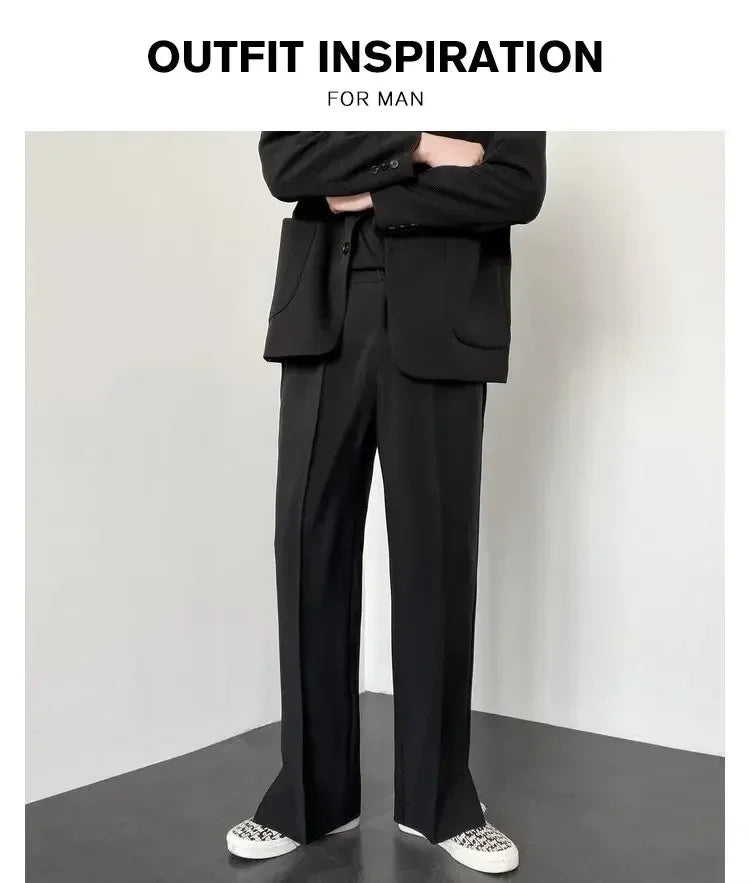 Men's Straight Baggy Casual Pants Korean Slit Personality Suit Trousers Fashion Formal Business Male Streetwear Gray Khaki Black
