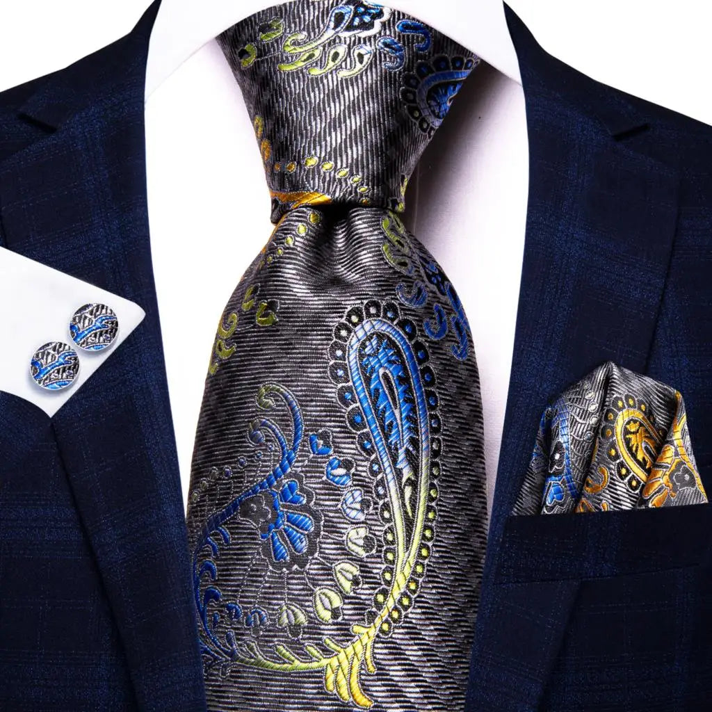 Hi-Tie Red Pureple Paisley Mens Ties Hanky Cufflinks Set Silk Necktie For Men Wedding Party Business 2022 New Fashion Brand