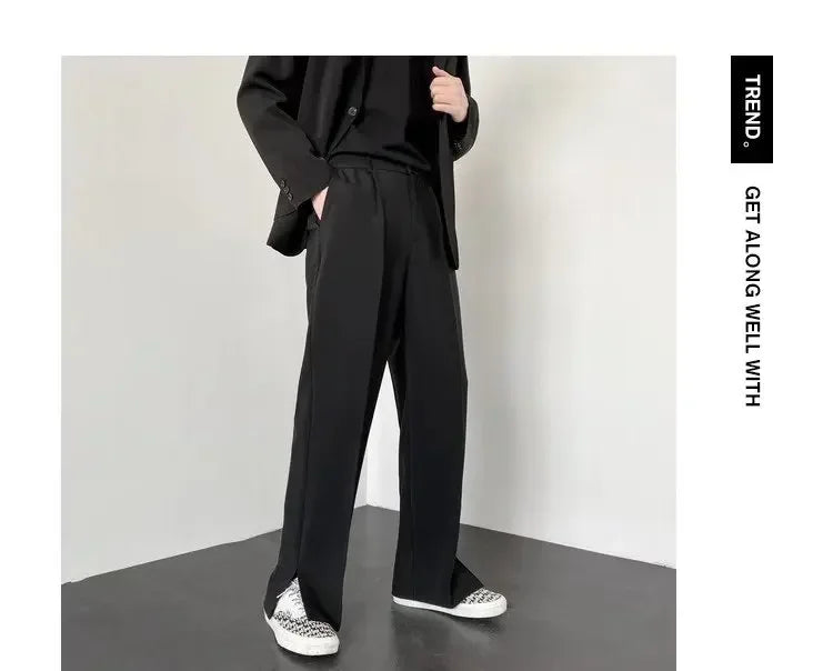 Men's Straight Baggy Casual Pants Korean Slit Personality Suit Trousers Fashion Formal Business Male Streetwear Gray Khaki Black