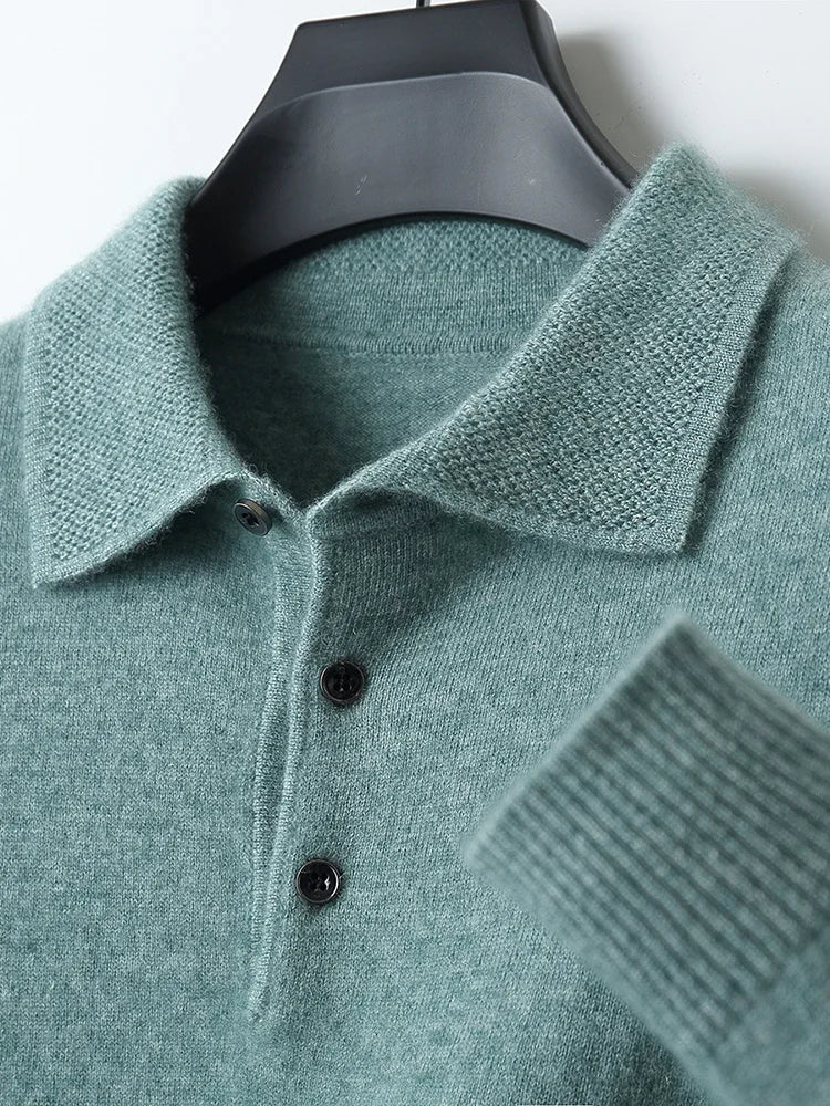 Men's Lapel Knit Pullover 100% Pure Wool Sweater Large Size Spring Autumn Winter Warm Tops Youth Casual Polo Collar T-shirt