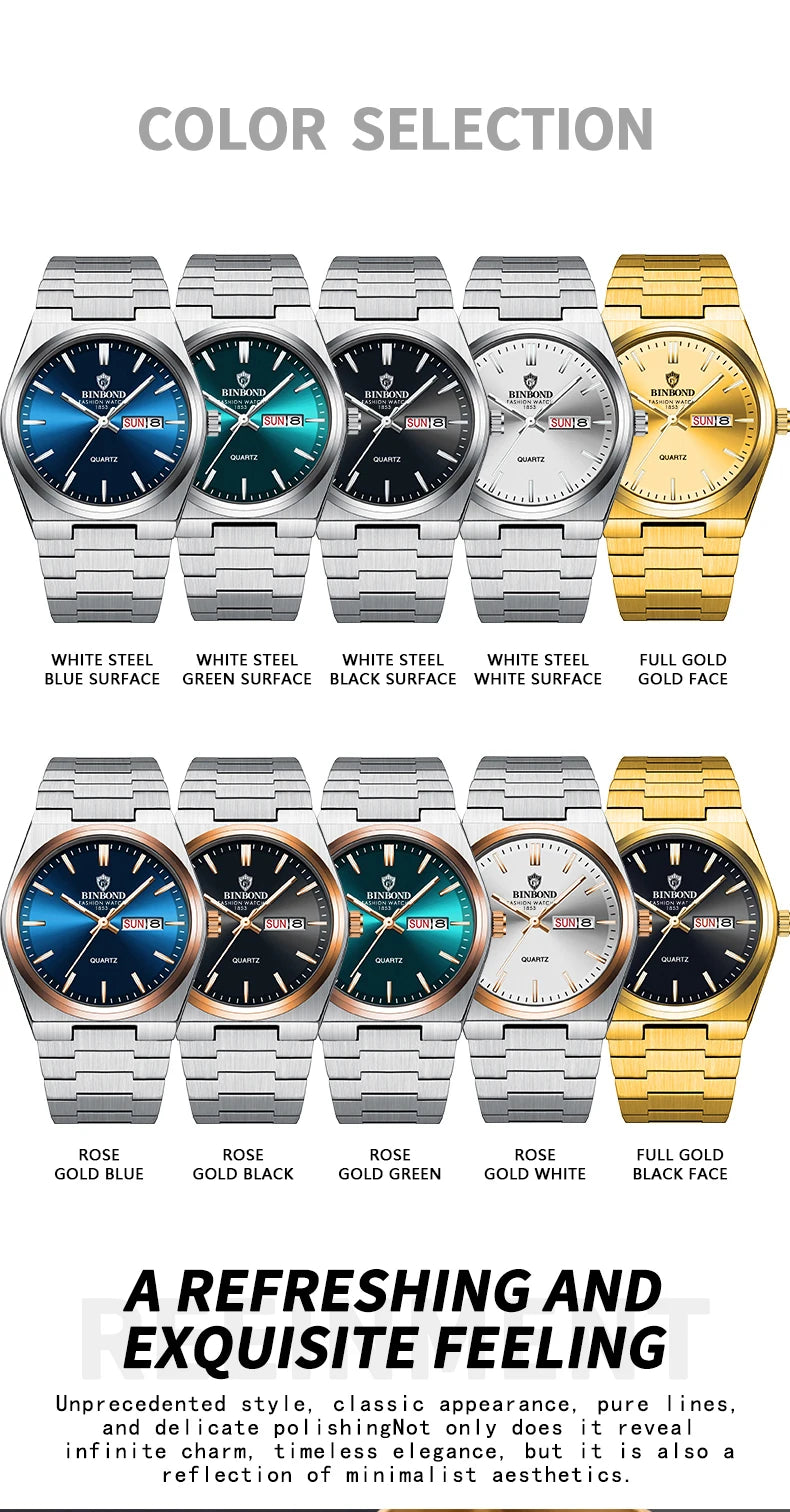 BINBOND Luxury Quartz Man Wristwatch Sport Men Watches Waterproof Luminous Date Week Stainless Steel Men's Watch Male Reloj+box