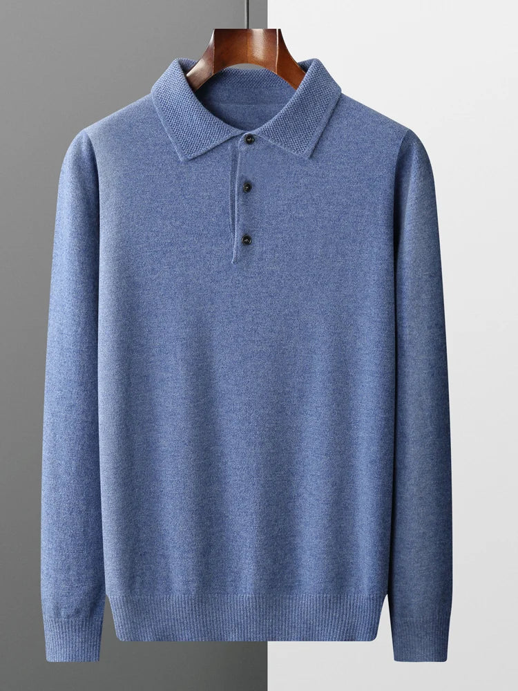 Men's Lapel Knit Pullover 100% Pure Wool Sweater Large Size Spring Autumn Winter Warm Tops Youth Casual Polo Collar T-shirt