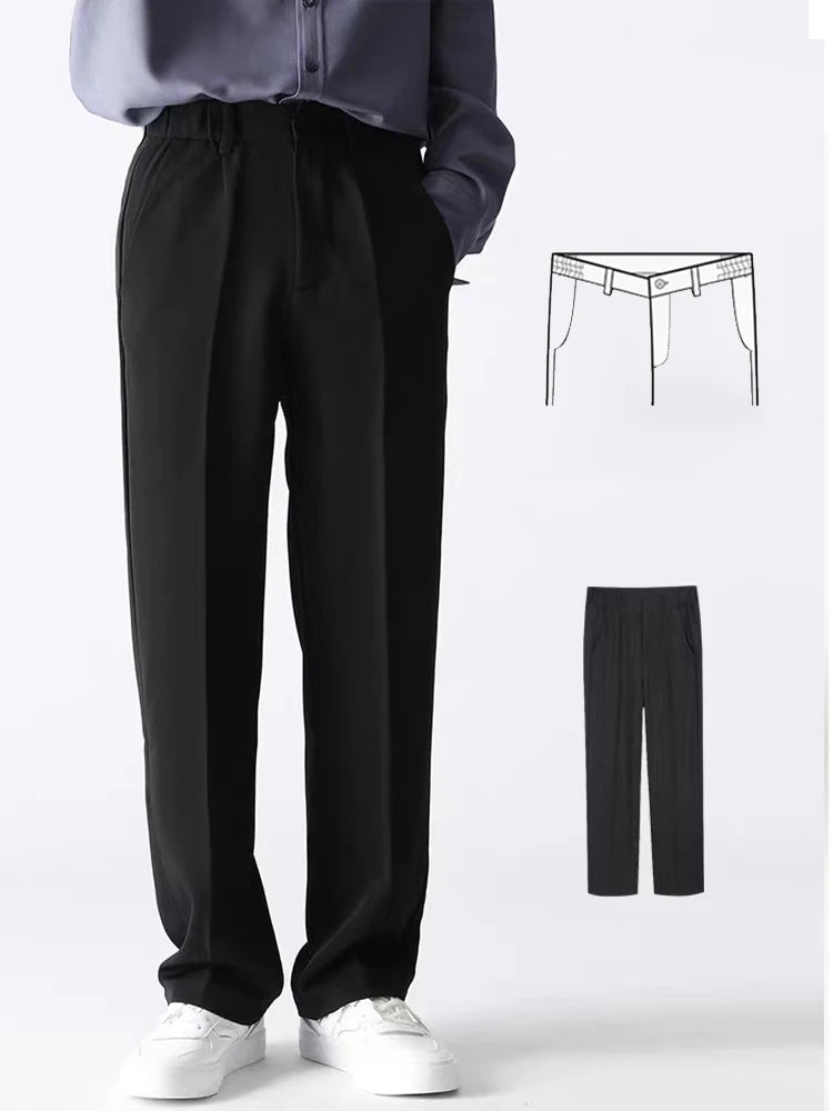 Spring Autumn Casual Pants Men Korean Fashion Stretched Polyester Loose Draped Slacks Straight Trousers Male Semi-Wide Suit Pant