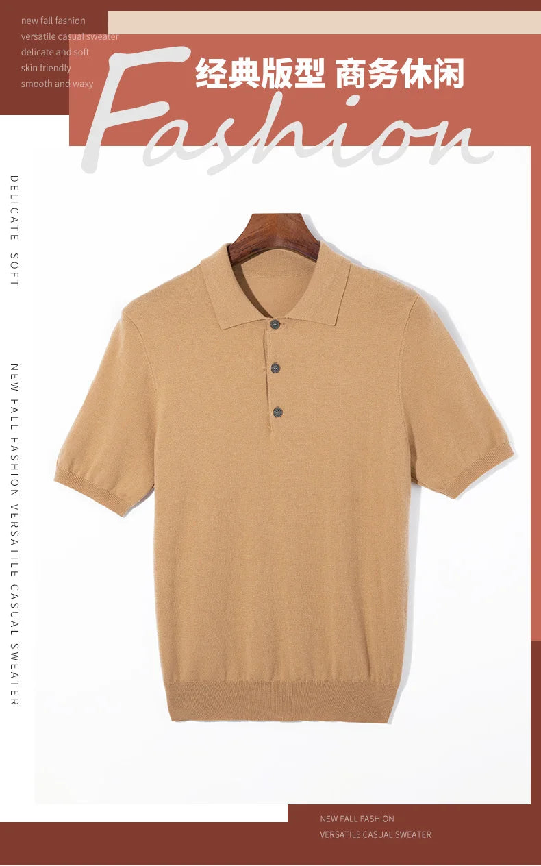 Summer Classic Men Knitwear Silk Wool Blend Sweater Pullover Polo Neck T-Shirt Short Sleeved Cool High-Quality Clothing Tops