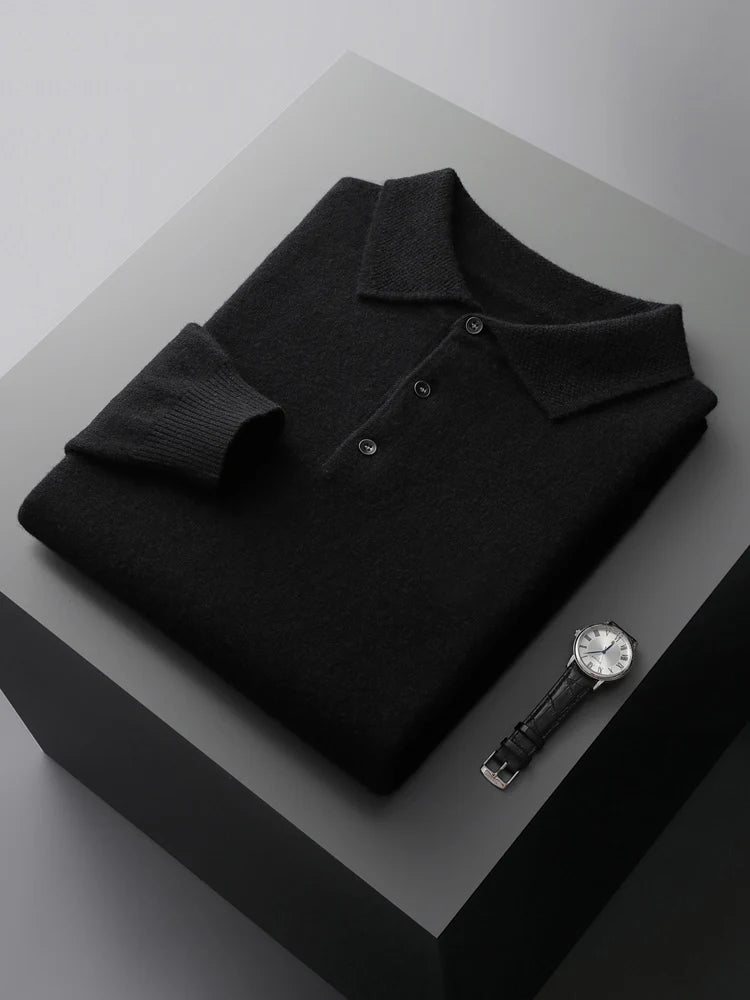 Men's Lapel Knit Pullover 100% Pure Wool Sweater Large Size Spring Autumn Winter Warm Tops Youth Casual Polo Collar T-shirt