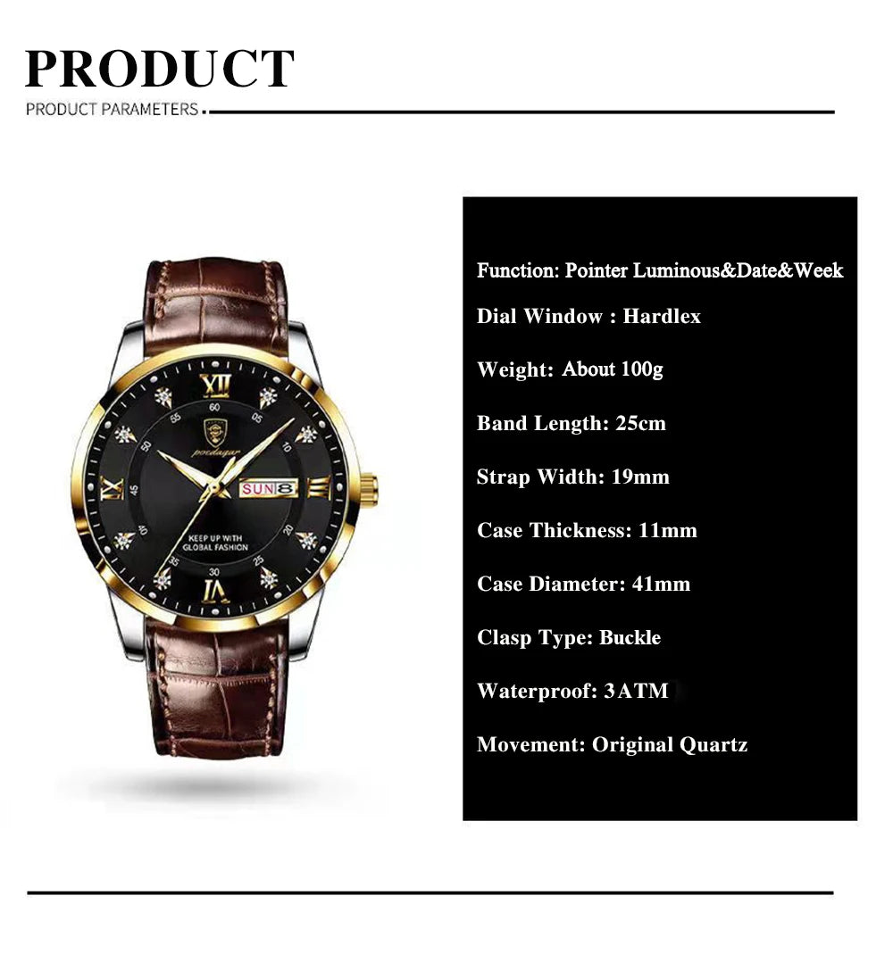 POEDAGAR Luxury Brand Men Watches Waterproof Luminous Leather Quartz Man Wristwatch Casual Sports Military Watch For Men relogio