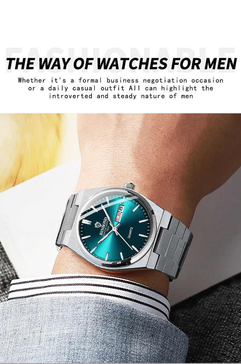 BINBOND Luxury Quartz Man Wristwatch Sport Men Watches Waterproof Luminous Date Week Stainless Steel Men's Watch Male Reloj+box
