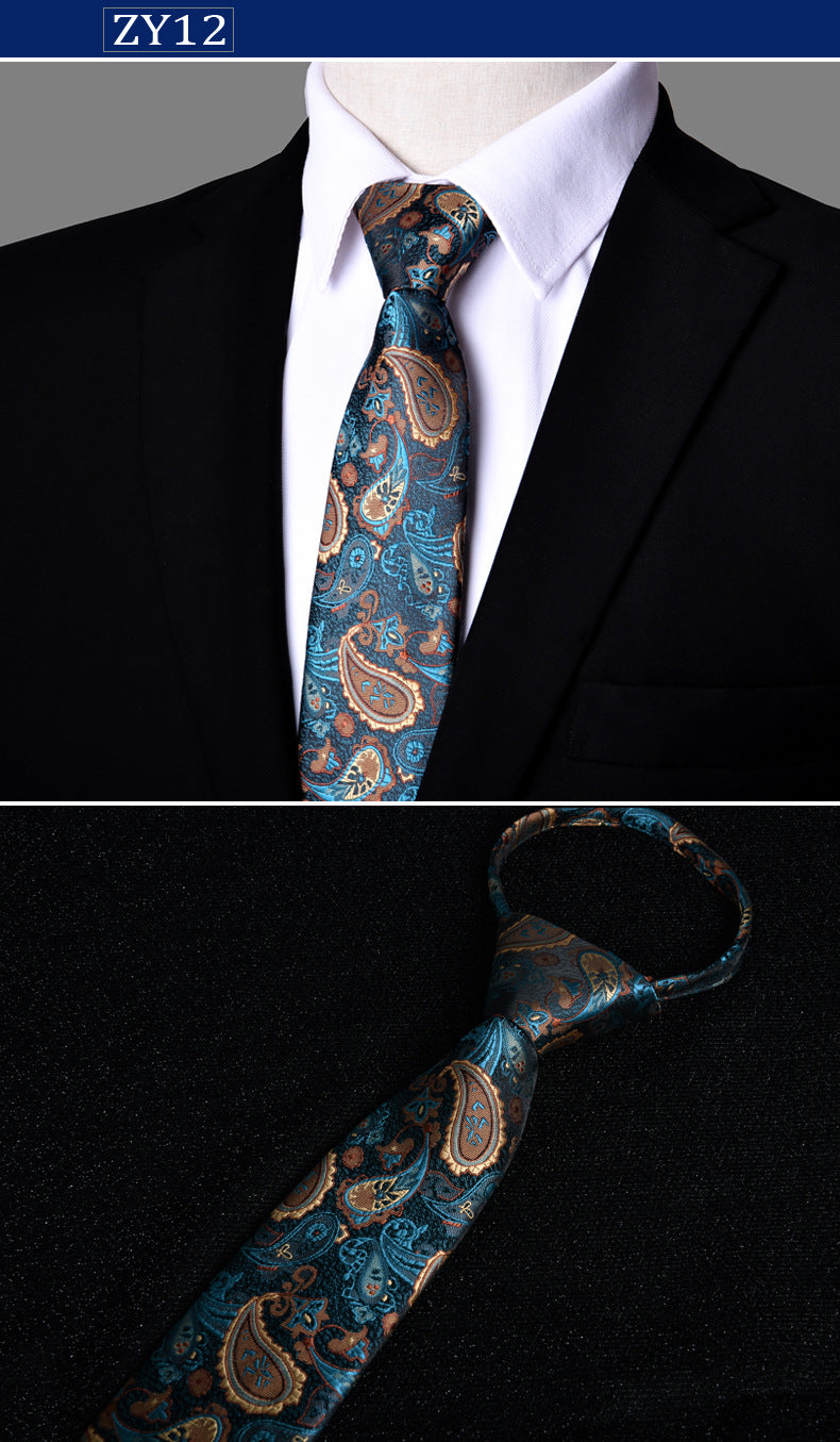 NEW Paisley Zipper Ties for Men 7CM Skinny Neck Tie Solid Striped Neckties Men's Automatic Zipper Tie Blue Lazy Ties
