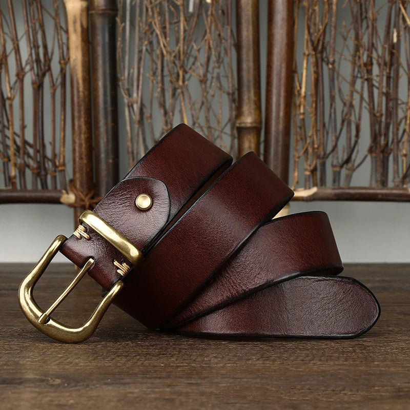 3.8CM  Pure Cowhide Genuine Leather for Men High Quality Jeans Brass Buckle Belts Cowboy Waistband Male Fashion Designer Luxury