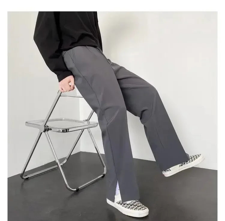 Men's Straight Baggy Casual Pants Korean Slit Personality Suit Trousers Fashion Formal Business Male Streetwear Gray Khaki Black
