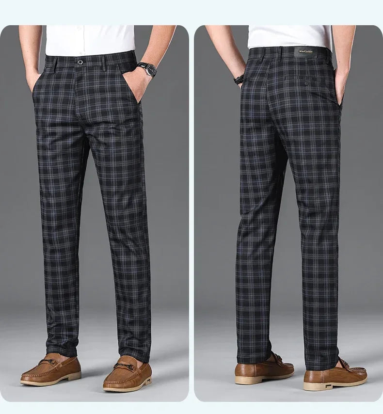 2024 Summer Classic Simple Straight Casual Pants for Men Personalized Checkered Versatile Stretch Business Casual Slim Trousers