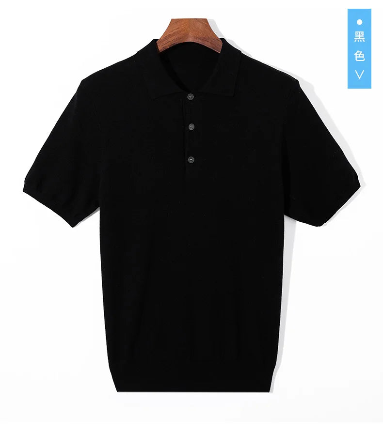 Summer Classic Men Knitwear Silk Wool Blend Sweater Pullover Polo Neck T-Shirt Short Sleeved Cool High-Quality Clothing Tops
