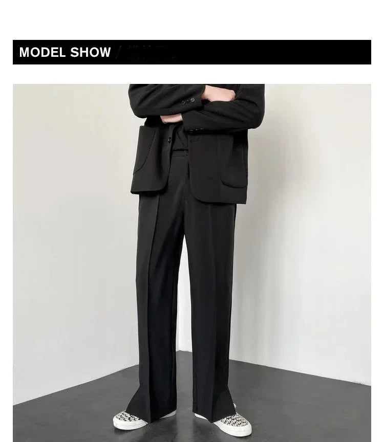 Men's Straight Baggy Casual Pants Korean Slit Personality Suit Trousers Fashion Formal Business Male Streetwear Gray Khaki Black